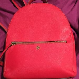 Tory Burch Red Leather Backpack with Gold Accents